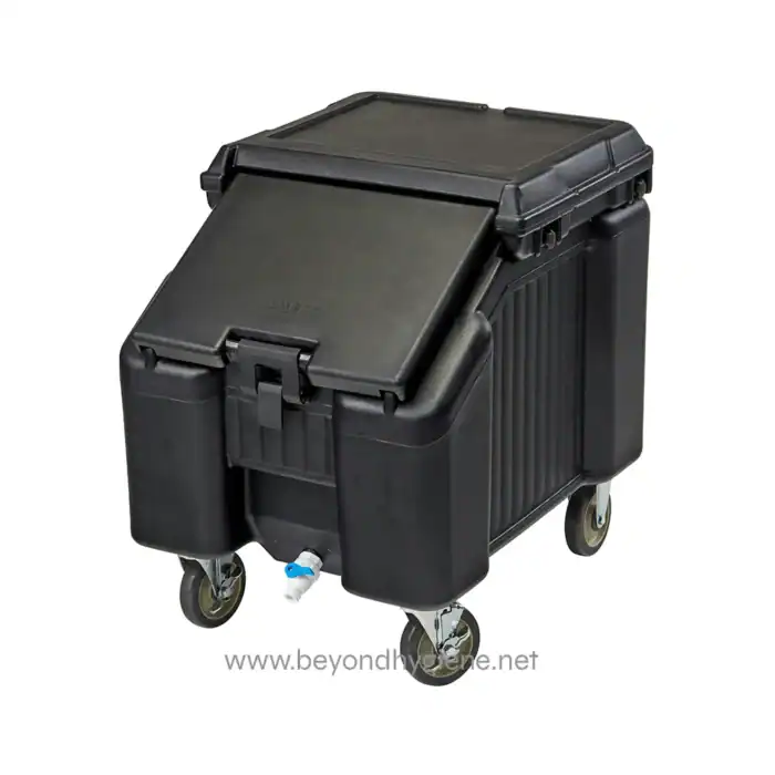 Black sanitation utility cart with lockable lid and wheels for cleaning supplies and hygiene equipment.