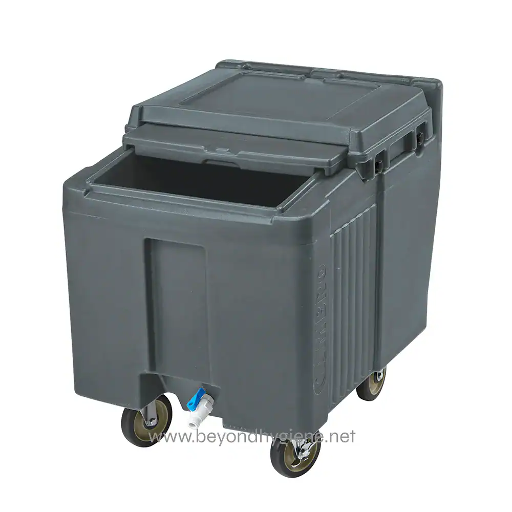 Heavy-duty grey waste bin with lid and caster wheels, ideal for commercial sanitation and hygiene maintenance.