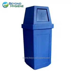Blue hygiene waste bin with lid for commercial and public restrooms.