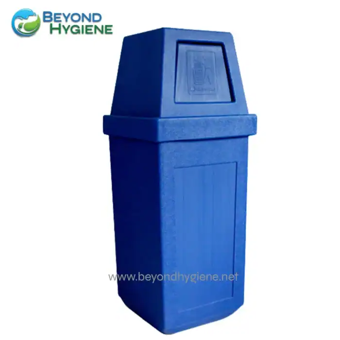 Blue hygiene waste bin with lid for commercial and public restrooms.