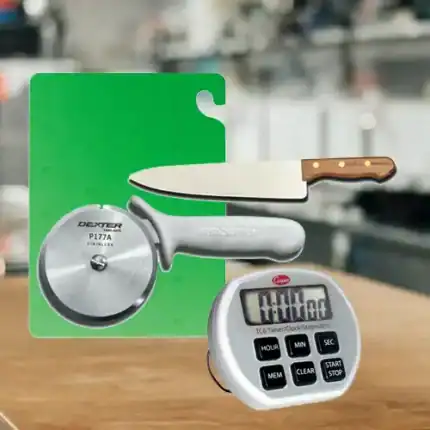 High-quality kitchen knives and a pizza cutter with a timer for professional food preparation and hygiene standards at Beyond Hygiene Asia.