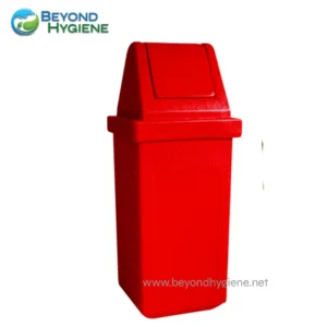 Red outdoor disposal bin for waste management, suitable for public spaces and hygiene solutions in Asia.