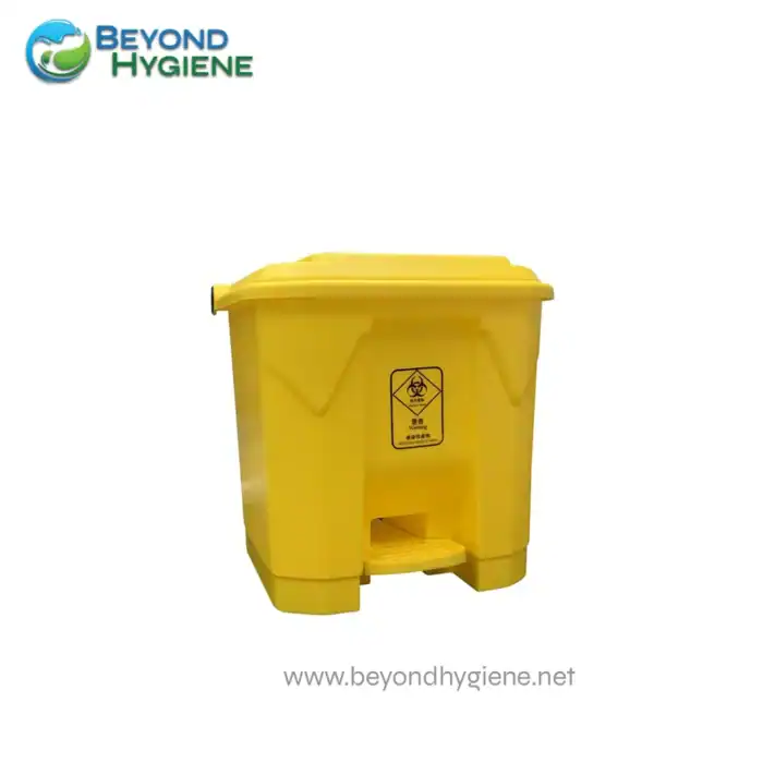 Biohazard waste disposal bin, yellow clinical waste container, beyond hygiene asia, medical waste management, healthcare facility sanitation, safe disposal of biohazard materials.