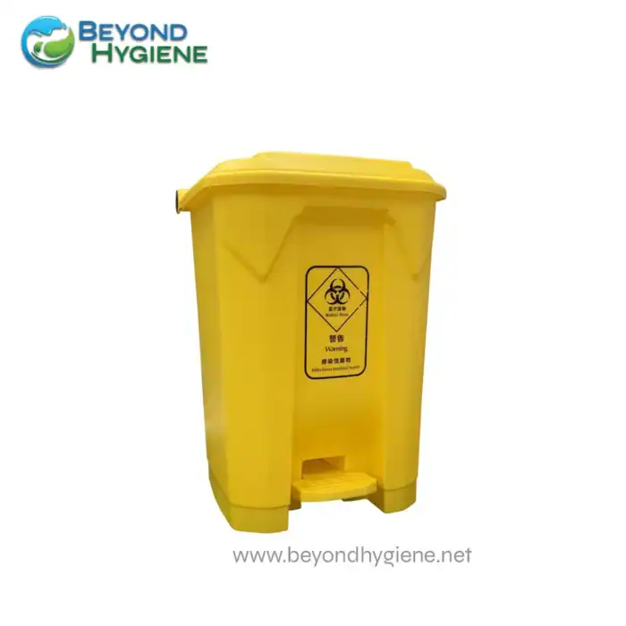 Biohazard medical waste disposal bin, yellow medical waste container with biohazard warning label, used for infectious medical waste disposal in healthcare facilities, Beyond Hygiene Asia.