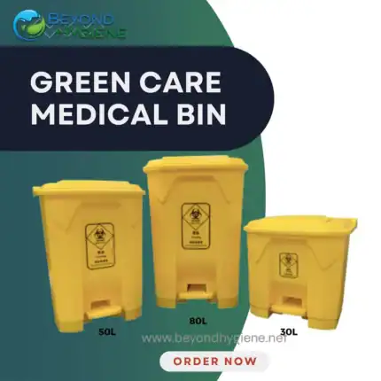 Yellow medical waste disposal bins for hygiene and safety, available in 30L, 50L, and 80L capacities, ideal for healthcare facilities and sanitation management.