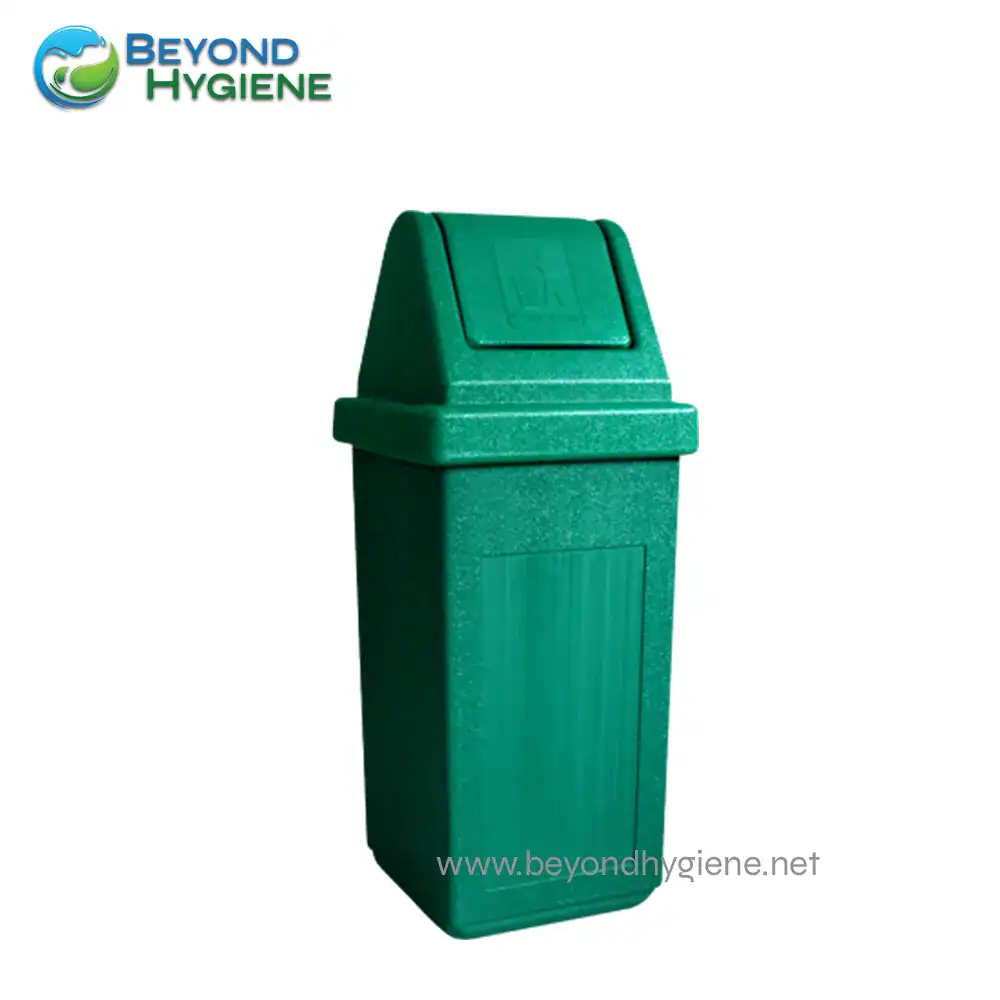 Medium Dustbin for waste disposal in public hygiene facilities, durable green trash bin with lid, ideal for sanitation services, part of Beyond Hygiene Asia's sanitation solutions, promoting cleanliness and hygiene standards.