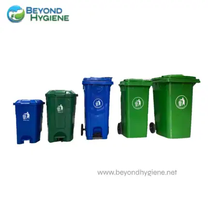 Blue and green recycling bins for waste separation, eco-friendly waste management solutions, Beyond Hygiene Asia.
