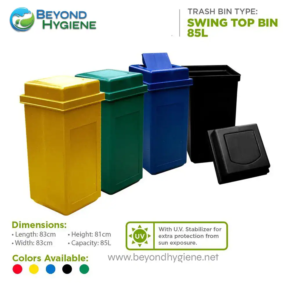Plastic Trash Bin Swing Top Bin 85L_1 Yellow, green, blue, black trash bins with swing tops designed for waste management and sanitation. 85L capacity, UV stabilizer for sun protection, ideal for commercial and public spaces.
