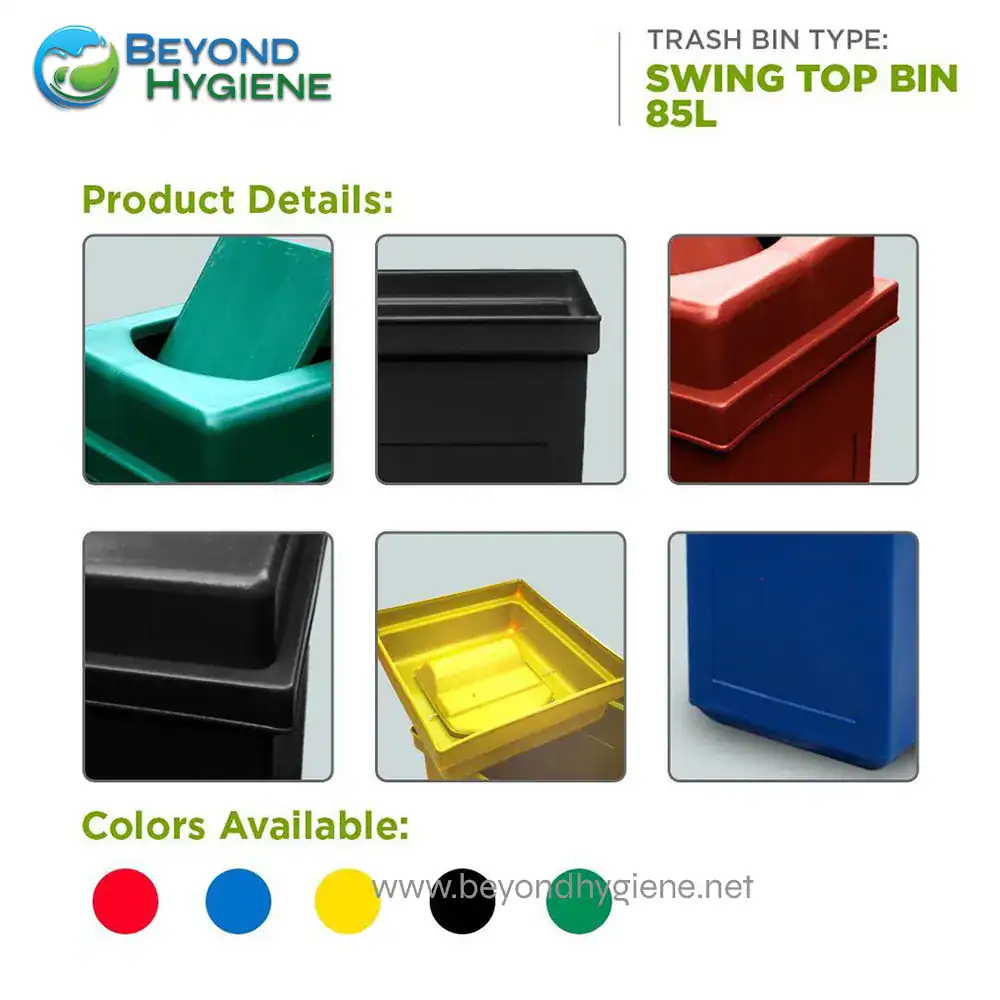 Plastic Trash Bin Swing Top Bin 85L_2 Green trash bin with swing top lid for hygiene and waste management.