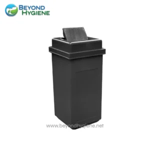 Trash bin for waste disposal, ideal for maintaining cleanliness and hygiene in commercial and public spaces. Durable black plastic container with a removable lid and trash bag insert.