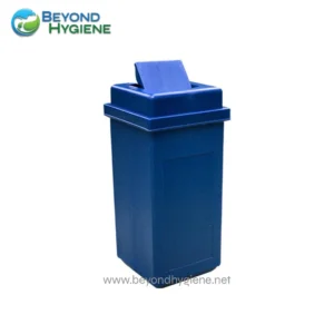 Blue trash can with flip-top lid for waste disposal, ideal for hygiene and cleanliness in Asia hygiene facilities.