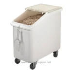 Bulk soap or compost bin with wheels, used in hygiene and sanitation facilities in Asia.
