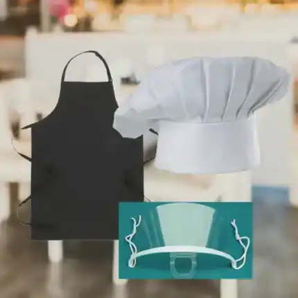 Black apron, chef hat, face shield, and sanitizer dispenser focusing on hygiene and safety for food service and hospitality industries.