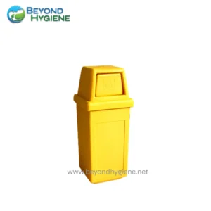 Yellow waste disposal bin for hygiene and waste management in Asia, sanitary trash container for public health safety.