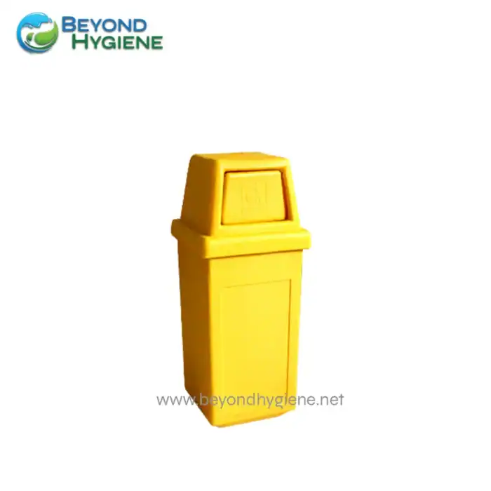Yellow waste disposal bin for hygiene and waste management in Asia, sanitary trash container for public health safety.