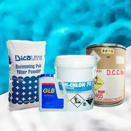 Swimming pool chemical products, including disinfectants, chlorines, and algaecides, essential for pool sanitation and maintenance in Asia.
