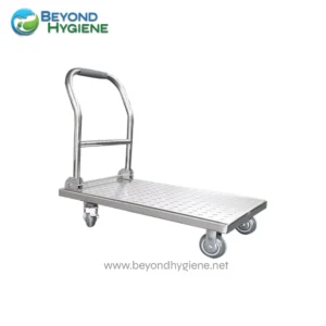 Heavy-duty stainless steel utility cart with caster wheels, ideal for sanitation and hospital use, durable design for hygiene-focused environments.