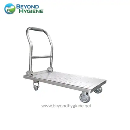 Heavy-duty stainless steel utility cart with caster wheels, ideal for sanitation and hospital use, durable design for hygiene-focused environments.