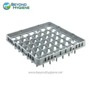 Disposable dishwasher rack for commercial dishwashing machines, designed for efficient cleaning and organization of dishes. Durable and hygienic, suitable for hospitality and food service industries.