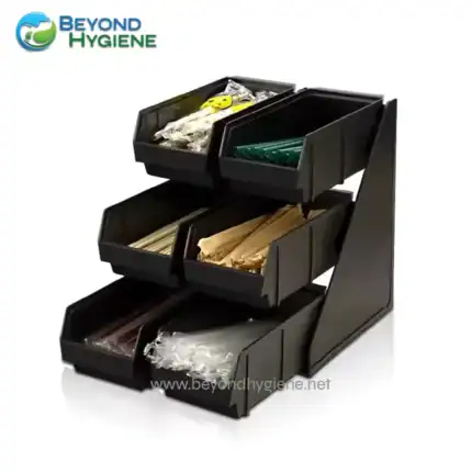 Disposable cutlery organizer for hygiene and sanitation in Asian cafes, restaurants, and food services; includes compartments for chopsticks, spoons, and straws.