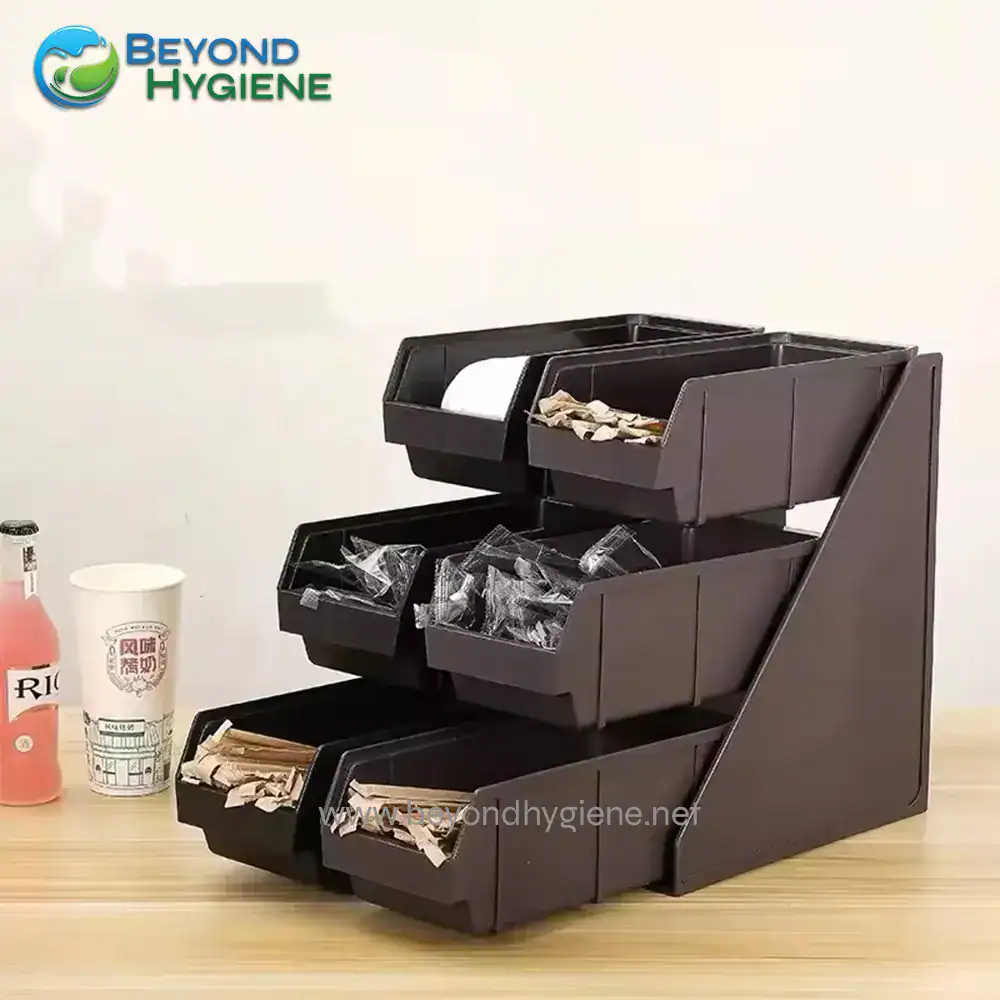 UGA-JD86258C_2 Dispenser rack for hygiene supplies, multi-tier organization for paper towels, gloves, and utensils, suitable for commercial kitchens and hygienic environments.