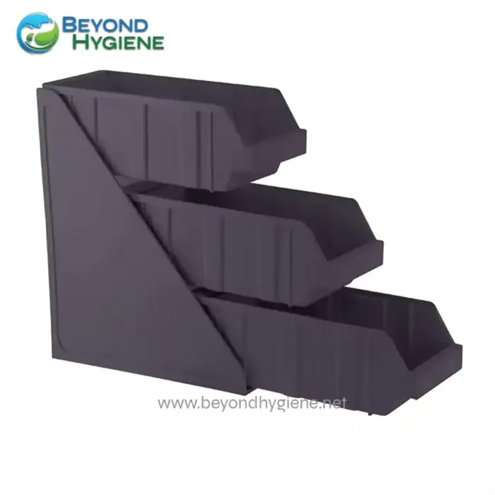 Spare parts storage rack for hygiene products, durable black plastic shelving, sanitary organization solutions, beyond hygiene Asia.