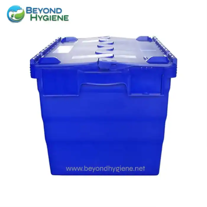 Blue plastic storage container for hygiene and sanitation supplies, durable and leak-proof.