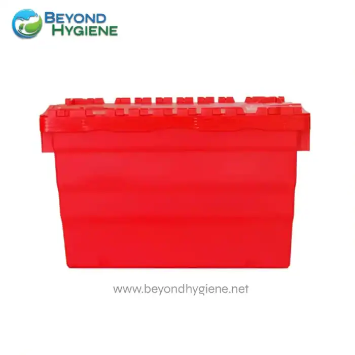 Red hygienic storage container for sanitation supplies, ideal for hospitals and cleaning services.