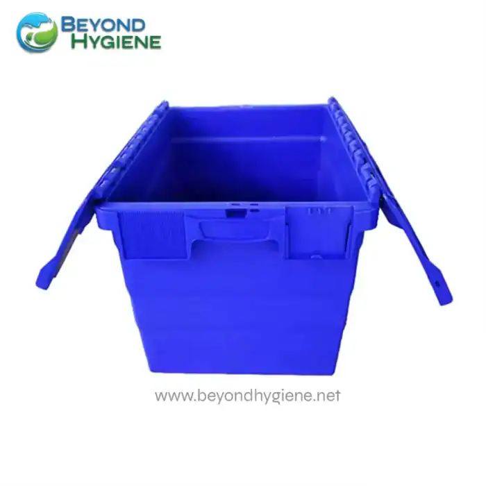 Blue plastic storage bin with lid and side handles, ideal for sanitation and cleaning supplies, promoted by Beyond Hygiene Asia.