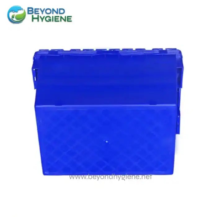 Blue plastic storage bin for sanitation supplies, ideal for commercial hygiene solutions in Asia, durable and stacks for easy organization.
