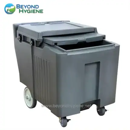 Heavy-duty black trash waste bin with wheels, ideal for commercial sanitation and hygiene management, suitable for industrial and healthcare environments.