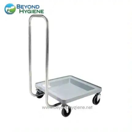 Stainless steel utility cart with wheels, ideal for cleaning and janitorial services in Asian healthcare and sanitation facilities.