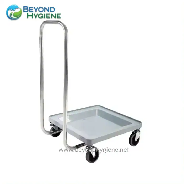 Stainless steel utility cart with wheels, ideal for cleaning and janitorial services in Asian healthcare and sanitation facilities.