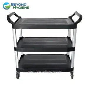 Stainless steel three-tier utility cart with black shelves and caster wheels, ideal for sanitation and cleaning purposes in Asian hygiene facilities.