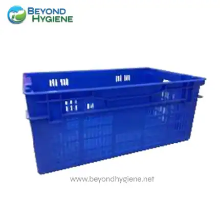 Blue plastic shopping basket for hygienic storage and transport of goods. Durable, lightweight design with ventilation slots, ideal for grocery stores and retail environments focused on cleanliness.