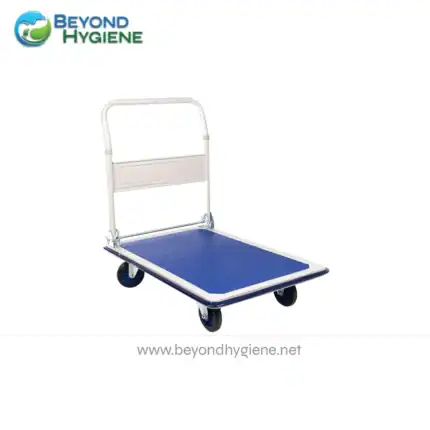 Platform trolley for hospital and industrial logistics, featuring a durable blue non-slip surface and sturdy metal handle for easy transport. Ideal for clean and safe hygiene environments.
