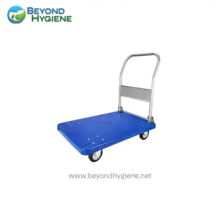 Heavy-duty blue cleaning trolley with safety handle and caster wheels for enhanced mobility, ideal for cleaning services and hygiene maintenance in commercial and industrial settings.