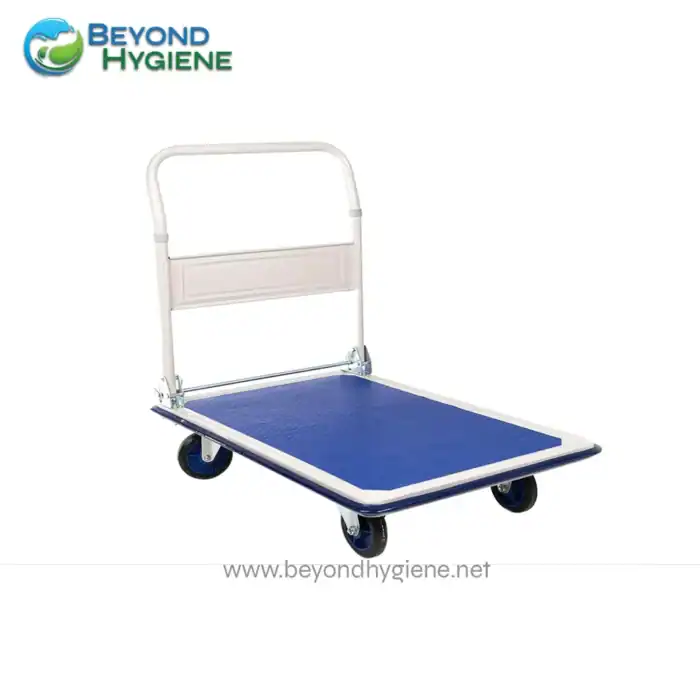 Rollable hospital trolley with blue non-slip surface for medical transportation and cleaning services at Beyond Hygiene Asia.