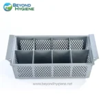 Plastic utensil organizer for hygienic storage and cleaning, durable grey plastic container, suitable for kitchen or hospital use, features multiple compartments for efficient organization.