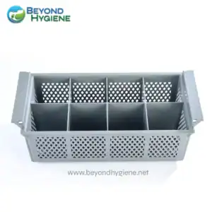 Plastic utensil organizer for hygienic storage and cleaning, durable grey plastic container, suitable for kitchen or hospital use, features multiple compartments for efficient organization.