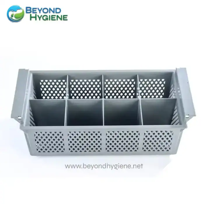 Plastic utensil organizer for hygienic storage and cleaning, durable grey plastic container, suitable for kitchen or hospital use, features multiple compartments for efficient organization.