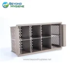 Stainless steel storage rack with multiple compartments, ideal for hygiene and sanitation purposes in healthcare, food service, and industrial settings.