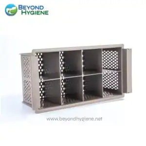 Stainless steel storage rack with multiple compartments, ideal for hygiene and sanitation purposes in healthcare, food service, and industrial settings.