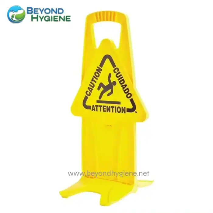 Caution wet floor sign, yellow safety warning stand, slip hazard alert, Beyond Hygiene Asia, portable floor caution sign, inform and prevent accidents, industrial safety signage, visual hazard warning, hygiene and safety equipment.