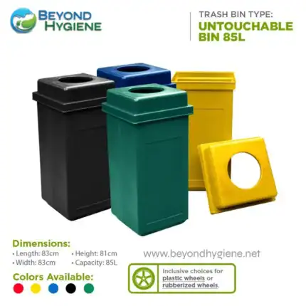 Black, blue, green, yellow trash bin with label "Beyond Hygiene" for waste disposal, 85L capacity, available in multiple colors, suitable for durable hygienic waste management solutions in Asia.