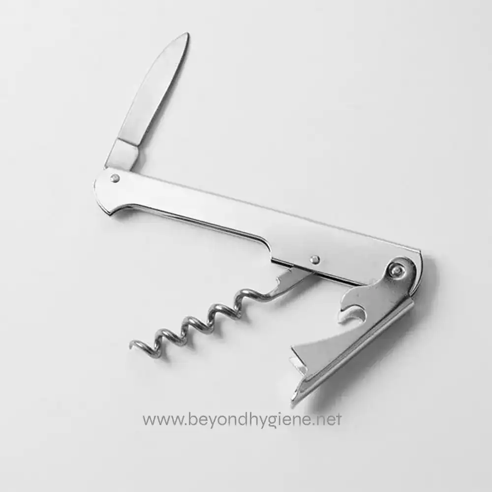 Stainless steel corkscrew with knife and bottle opener, used for wine and beverage opening, emphasizing professional hygiene products.
