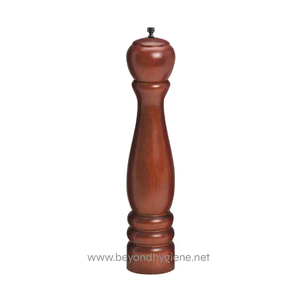 Wooden pepper mill for seasoning and kitchen use.