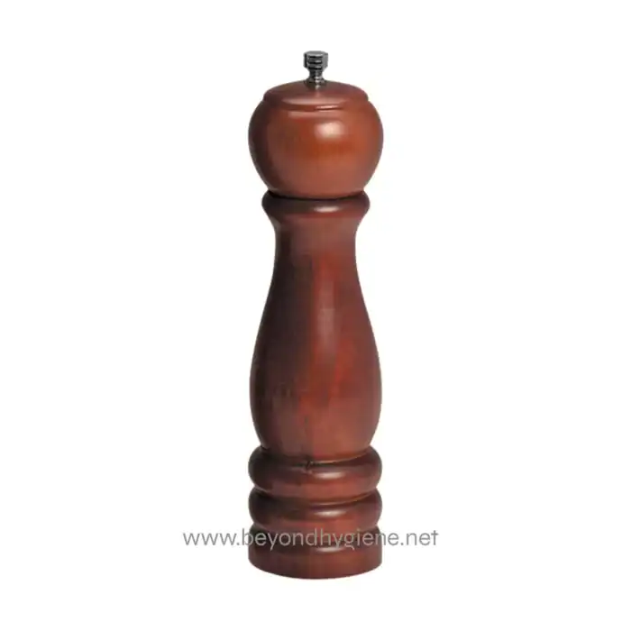 Pepper grinder in dark wood finish, used for seasoning food, stylish kitchen accessory, durable and functional cooking tool, ideal for restaurants and home kitchens.