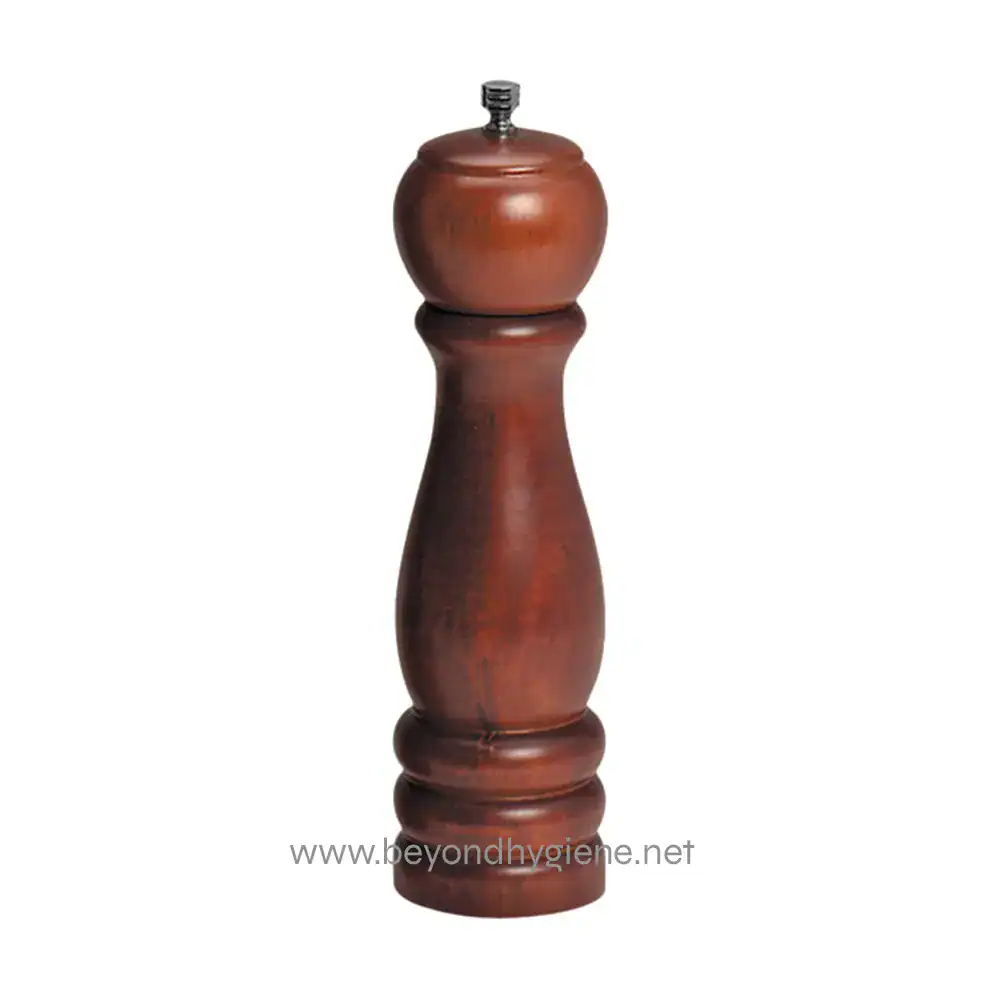 Pepper grinder in dark wood finish, used for seasoning food, stylish kitchen accessory, durable and functional cooking tool, ideal for restaurants and home kitchens.