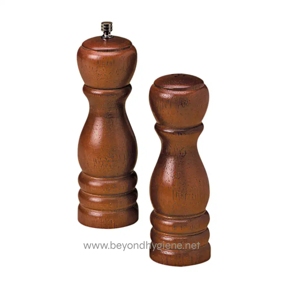 Salt and pepper shakers made of wood, stylish and durable kitchen condiment containers. Perfect for dining tables, kitchen decor, or restaurant settings to enhance tabletop aesthetics.